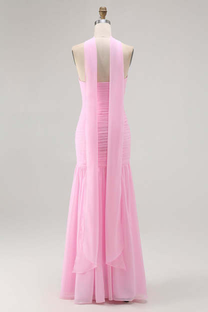 Blush Strapless Mermaid Chiffon Ruched Neck Scarf Long Wedding Guest Dress