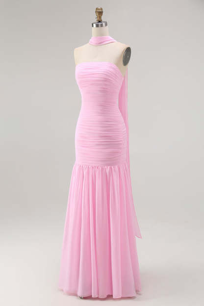 Blush Strapless Mermaid Chiffon Ruched Neck Scarf Long Wedding Guest Dress