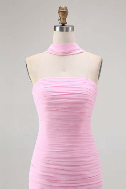 Blush Strapless Mermaid Chiffon Ruched Neck Scarf Long Wedding Guest Dress