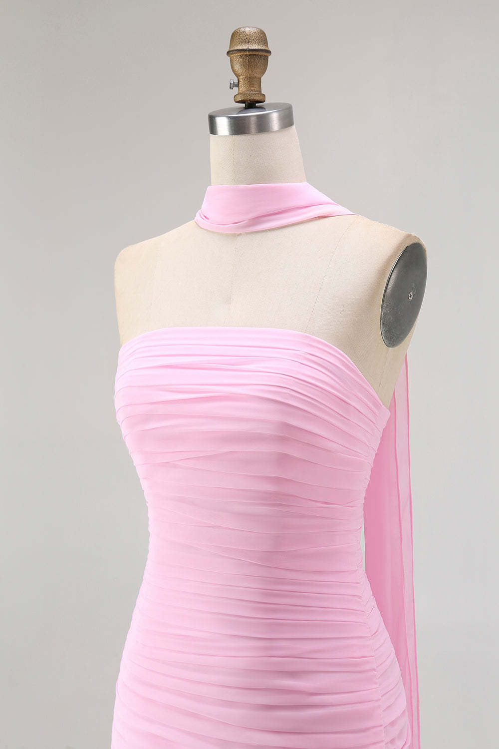 Blush Strapless Mermaid Chiffon Ruched Neck Scarf Long Wedding Guest Dress