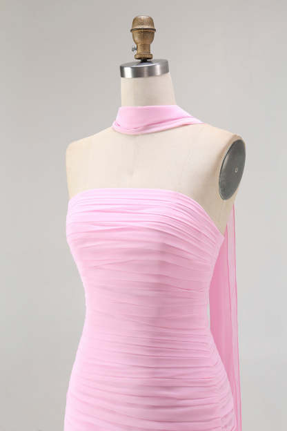 Blush Strapless Mermaid Chiffon Ruched Neck Scarf Long Wedding Guest Dress