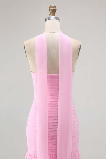 Blush Strapless Mermaid Chiffon Ruched Neck Scarf Long Wedding Guest Dress