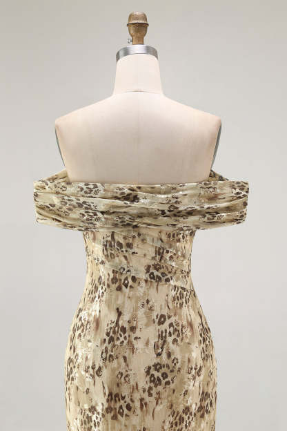 Champagne Mermaid Floral Off the Shoulder Long Wedding Guest Dress