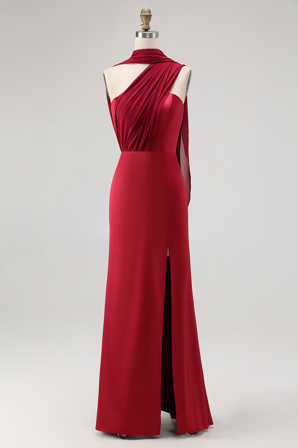 Leely Women Burgundy Satin Neck Scarf Maxi Wedding Guest Dress with Slit One Shoulder Mermaid Bridesmaid Dress