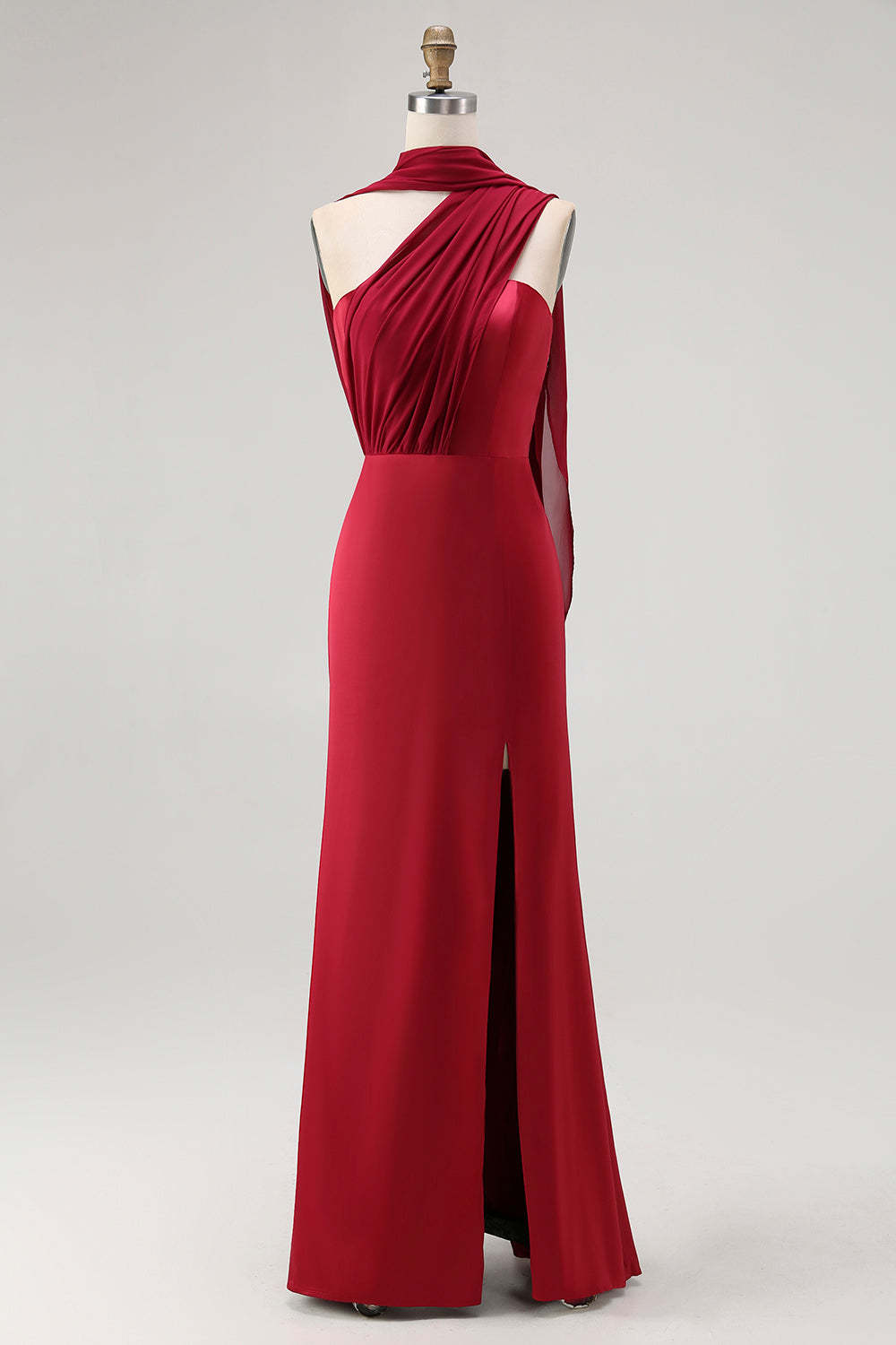 Leely Women Burgundy Satin Neck Scarf Maxi Wedding Guest Dress with Slit One Shoulder Mermaid Bridesmaid Dress