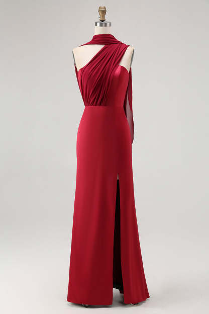 Leely Women Burgundy Satin Neck Scarf Maxi Wedding Guest Dress with Slit One Shoulder Mermaid Bridesmaid Dress