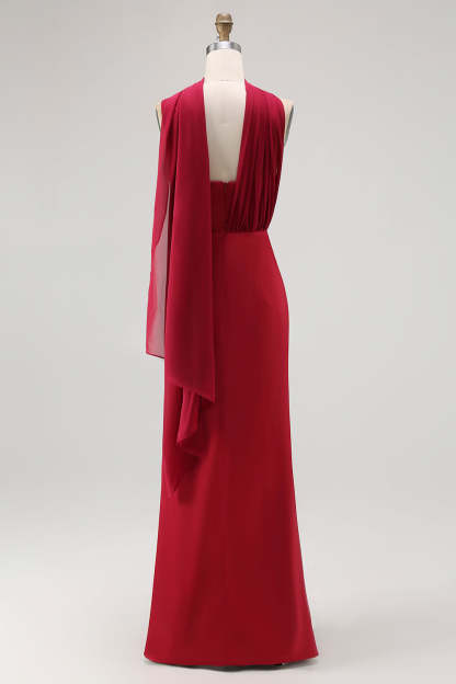 Burgundy Satin One Shoulder Mermaid Maxi Wedding Guest Dress with Slit
