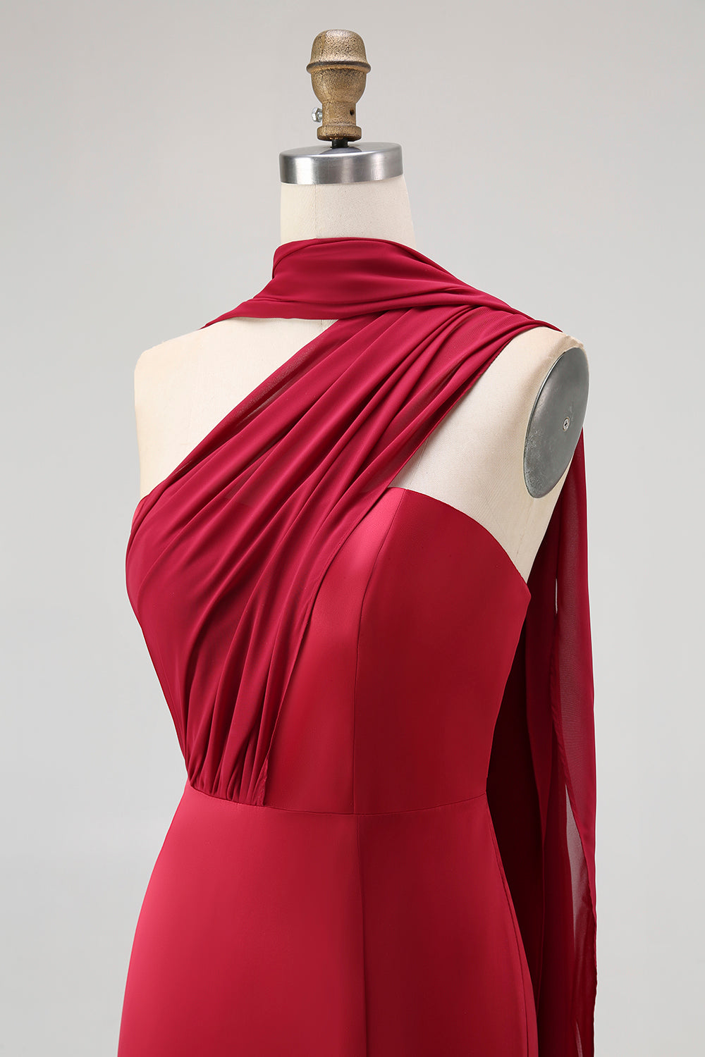 Burgundy Satin One Shoulder Mermaid Maxi Wedding Guest Dress with Slit