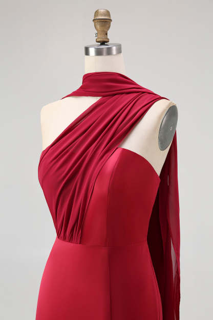 Burgundy Satin One Shoulder Mermaid Maxi Wedding Guest Dress with Slit