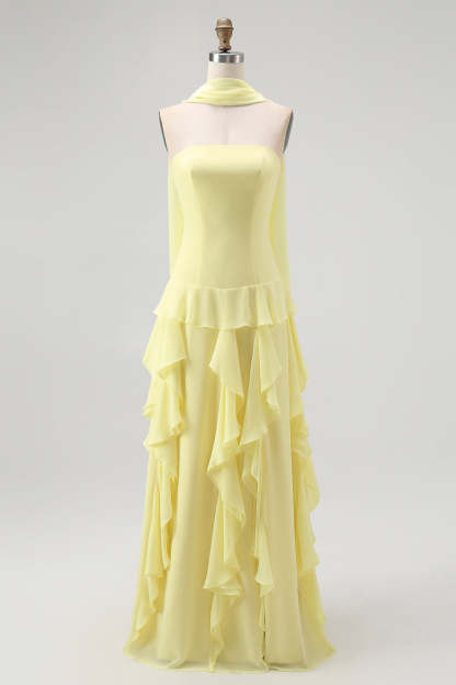 Leely Women Yellow Chiffon Ruffled Neck Scarf Long Wedding Guest Dress Strapless A-Line Bridesmaid Dress