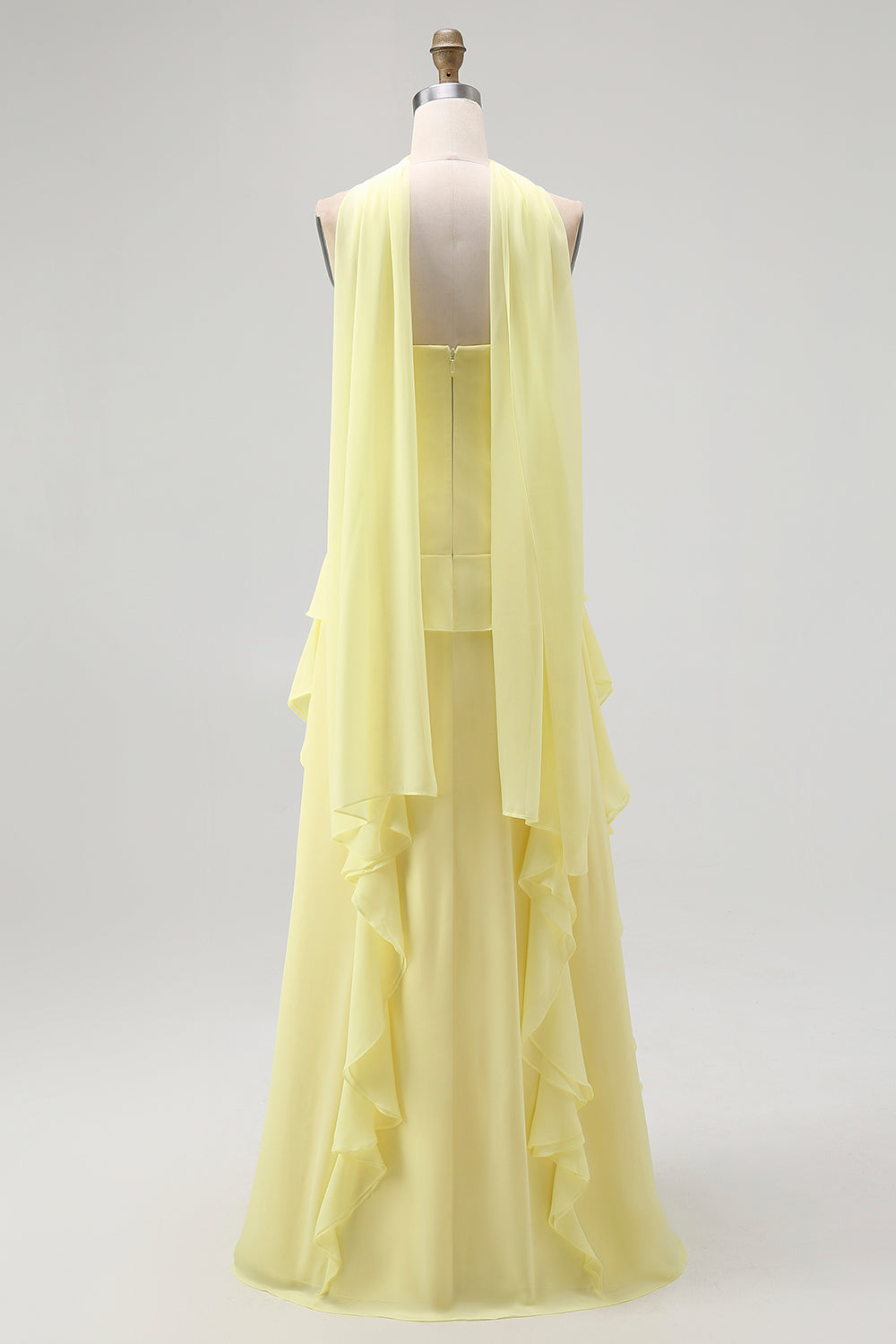 Yellow Chiffon Strapless Neck Scarf A-Line Ruffled Long Wedding Guest Dress