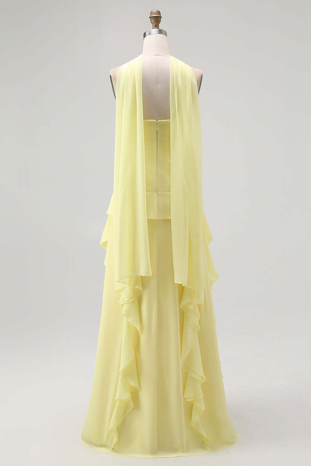 Yellow Chiffon Strapless Neck Scarf A-Line Ruffled Long Wedding Guest Dress