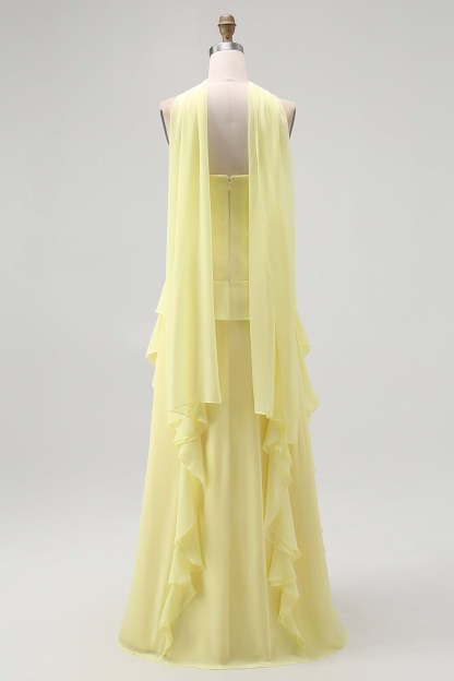 Yellow Chiffon Strapless Neck Scarf A-Line Ruffled Long Wedding Guest Dress