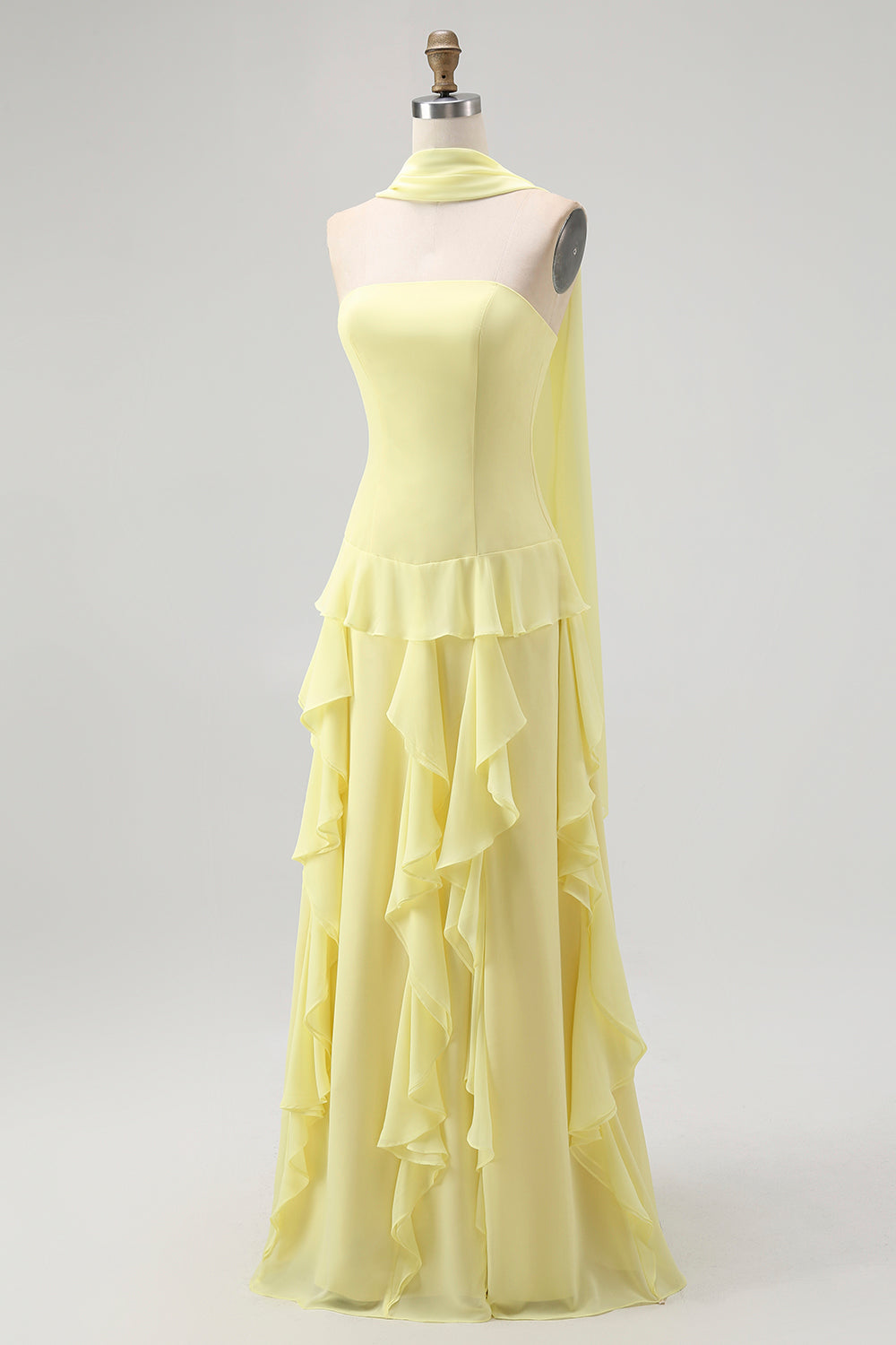 Yellow Chiffon Strapless Neck Scarf A-Line Ruffled Long Wedding Guest Dress
