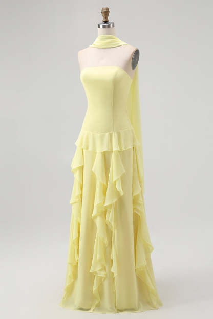 Yellow Chiffon Strapless Neck Scarf A-Line Ruffled Long Wedding Guest Dress