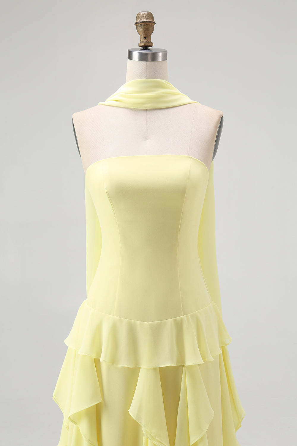 Yellow Chiffon Strapless Neck Scarf A-Line Ruffled Long Wedding Guest Dress