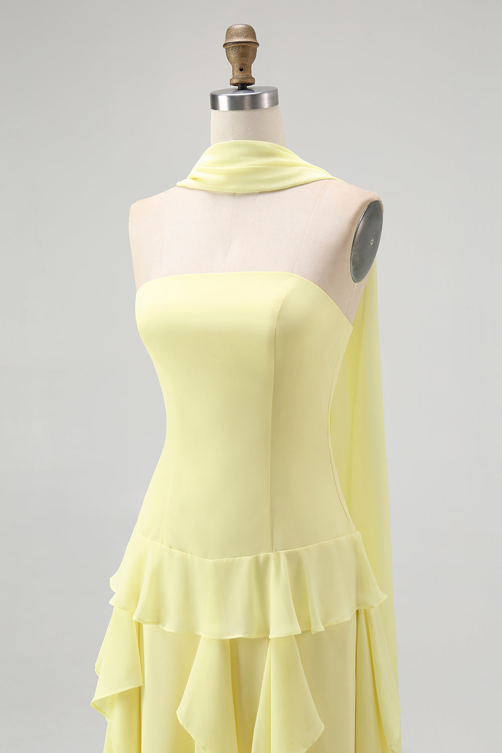Yellow Chiffon Strapless Neck Scarf A-Line Ruffled Long Wedding Guest Dress