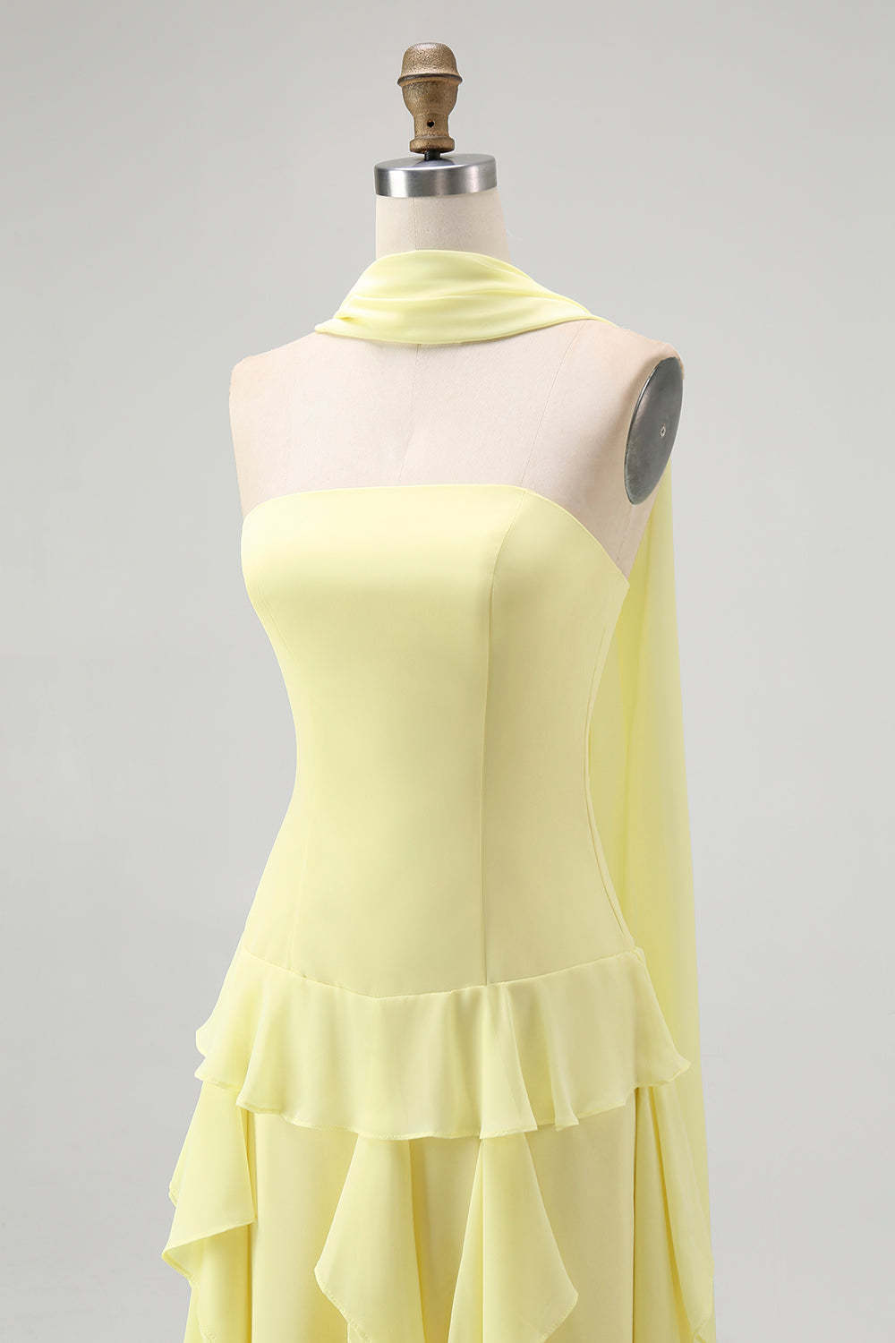 Yellow Chiffon Strapless Neck Scarf A-Line Ruffled Long Wedding Guest Dress
