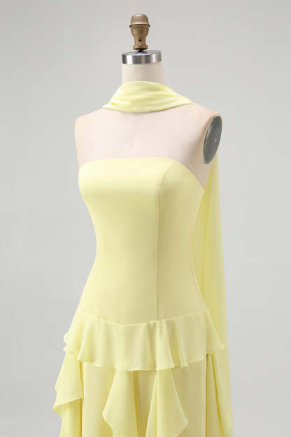 Yellow Chiffon Strapless Neck Scarf A-Line Ruffled Long Wedding Guest Dress