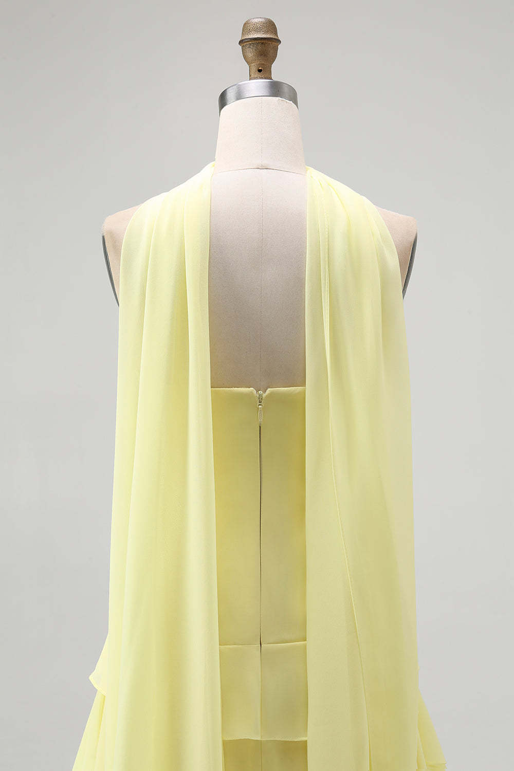 Yellow Chiffon Strapless Neck Scarf A-Line Ruffled Long Wedding Guest Dress