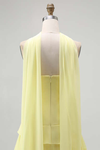 Yellow Chiffon Strapless Neck Scarf A-Line Ruffled Long Wedding Guest Dress