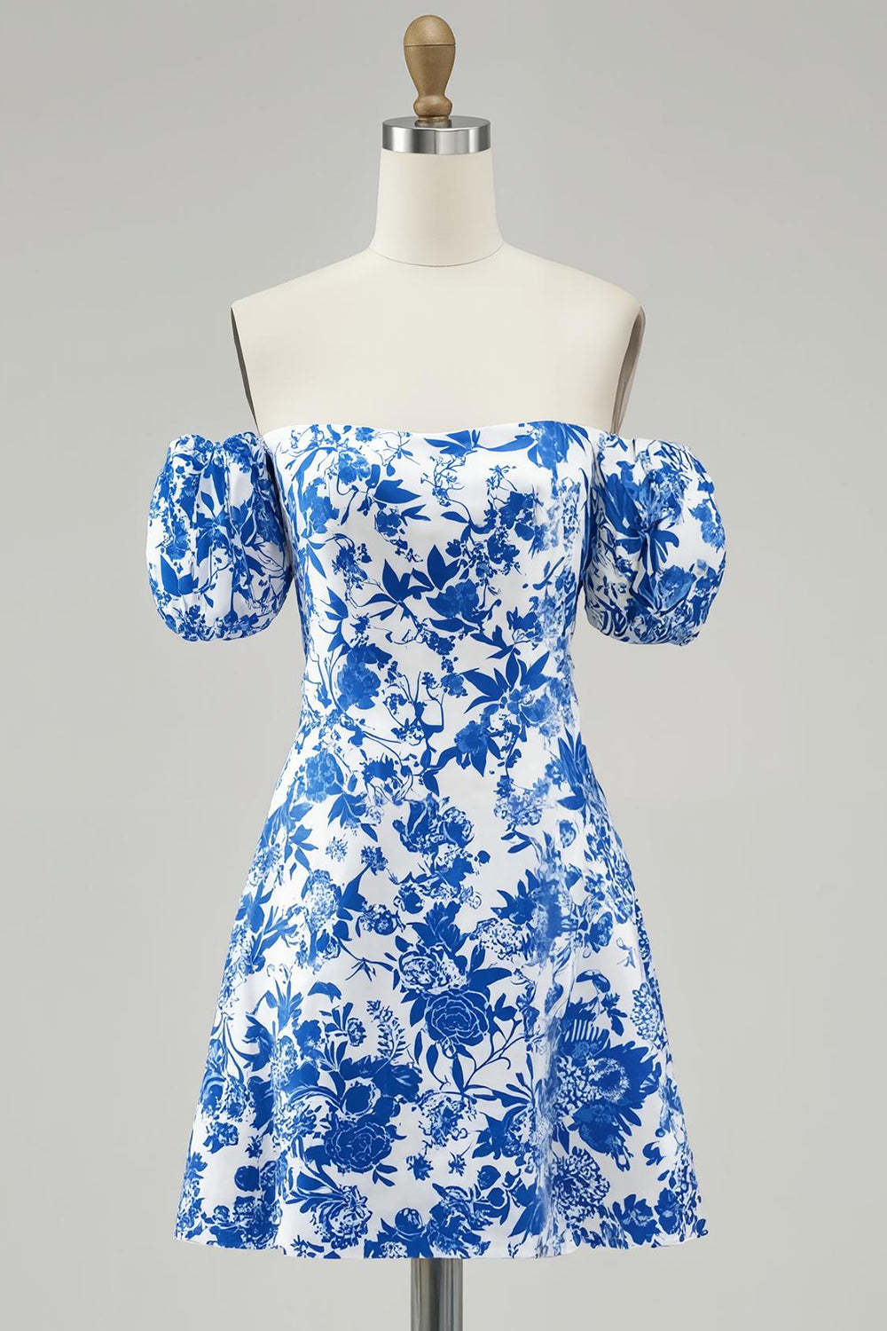 Leely Women Blue Floral Chiffon Short Homecoming Dress A Line Puff Sleeves Off the Shoulder Cocktail Dress