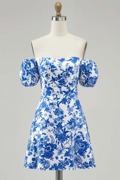 Leely Women Blue Floral Chiffon Short Homecoming Dress A Line Puff Sleeves Off the Shoulder Cocktail Dress