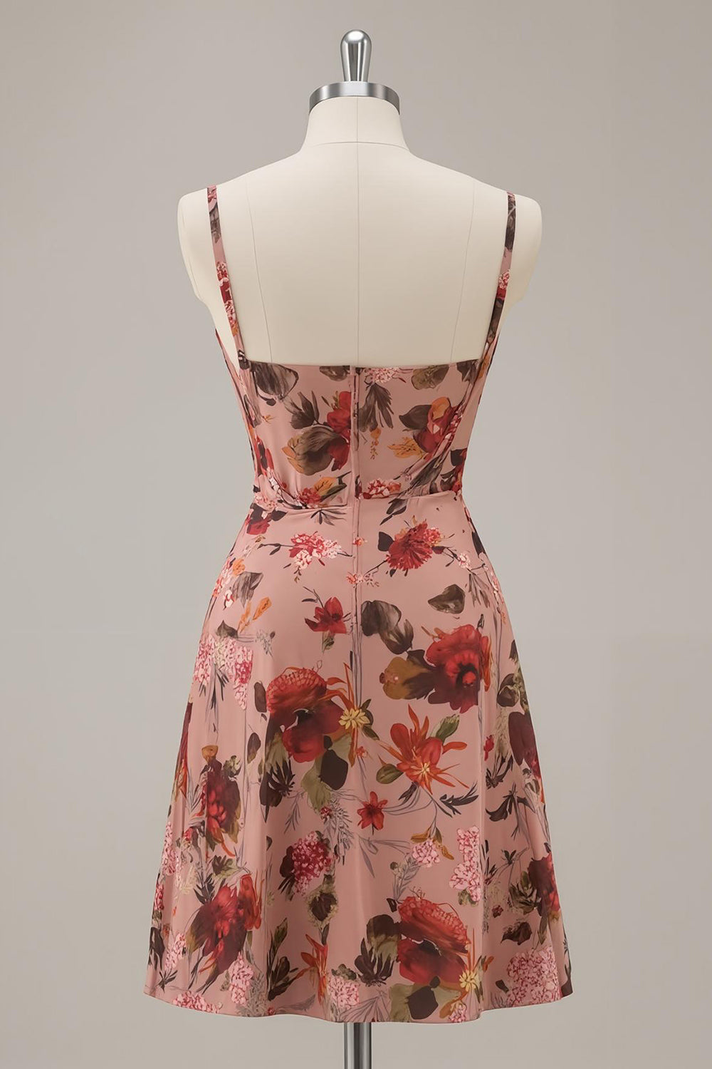 Dusty Rose Floral Ruched Chiffon A Line Short Corset Homecoming Dress
