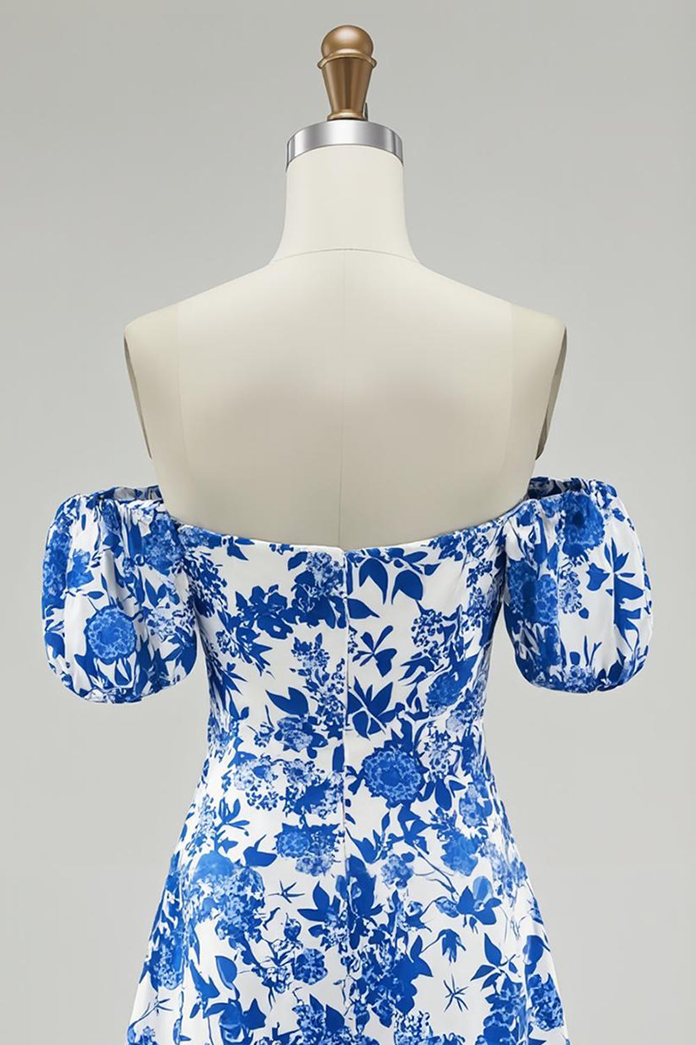 Blue Floral Off the Shoulder Short Chiffon Homecoming Dress with Sleeves