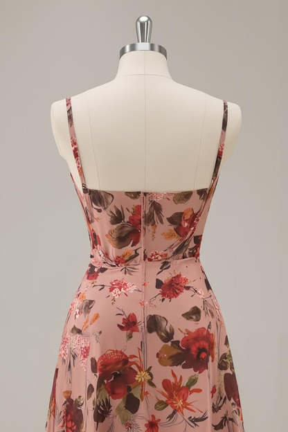 Dusty Rose Floral Ruched Chiffon A Line Short Corset Homecoming Dress