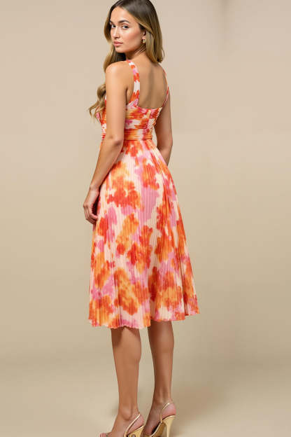 Sunset Chiffon Thick Straps Pleated Midi Summer Wedding Guest Dress