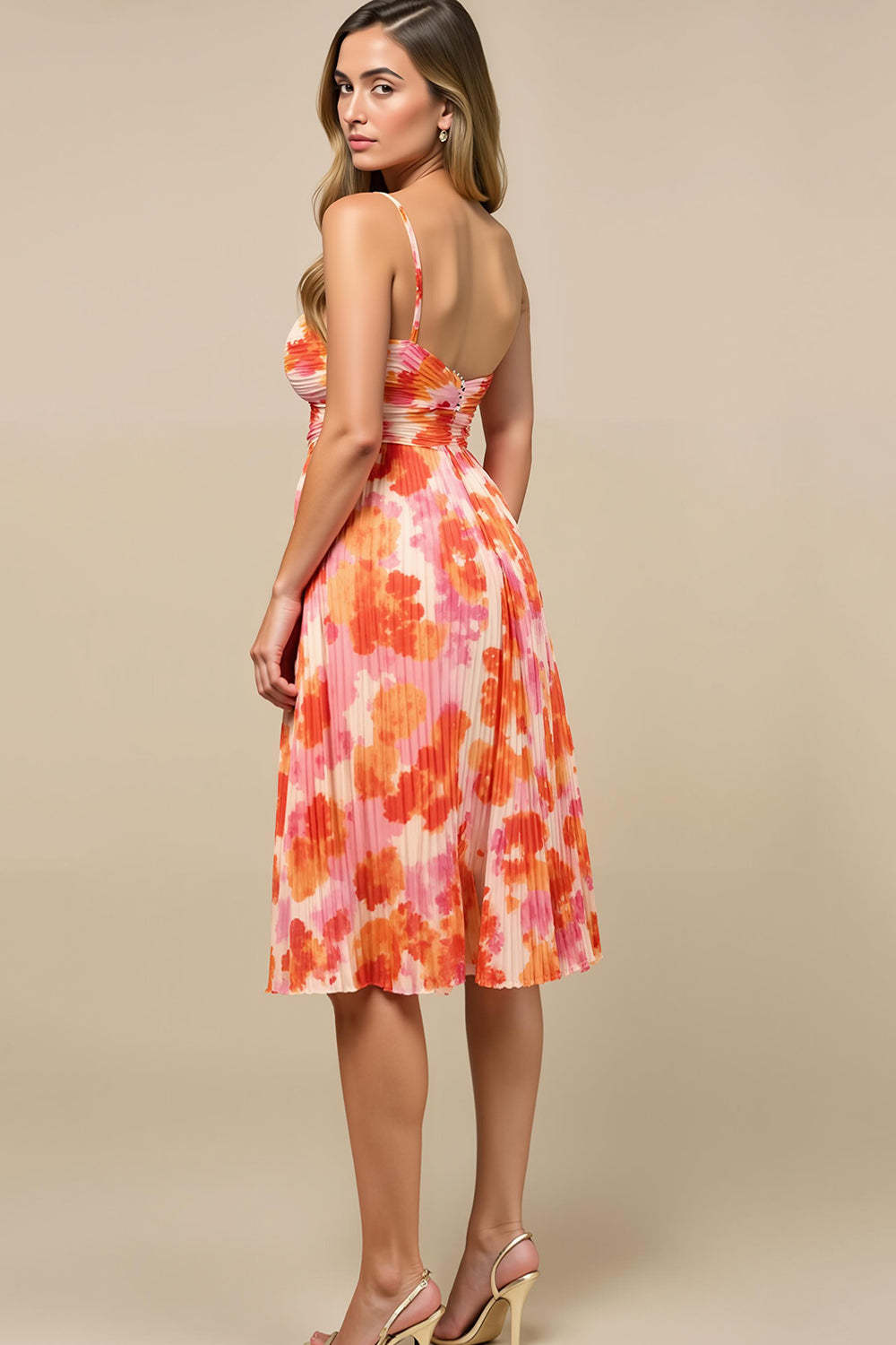 Midi Sunset Chiffon Spaghetti Straps Wedding Guest Dress with Pleats