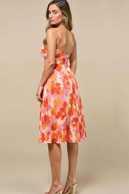Midi Sunset Chiffon Spaghetti Straps Wedding Guest Dress with Pleats