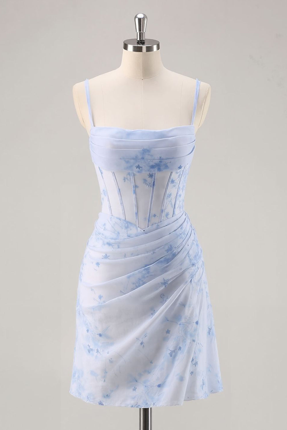 Leely Women Light Blue Floral Short Corset Homecoming Dress Tight Ruched Spaghetti Straps Chiffon Cocktail Dress