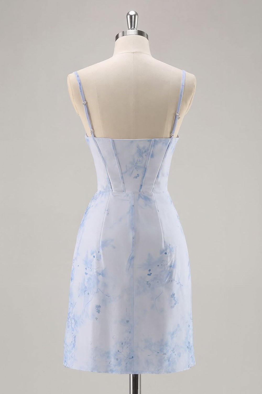 Short Light Blue Floral Tight Ruched Corset Homecoming Dress