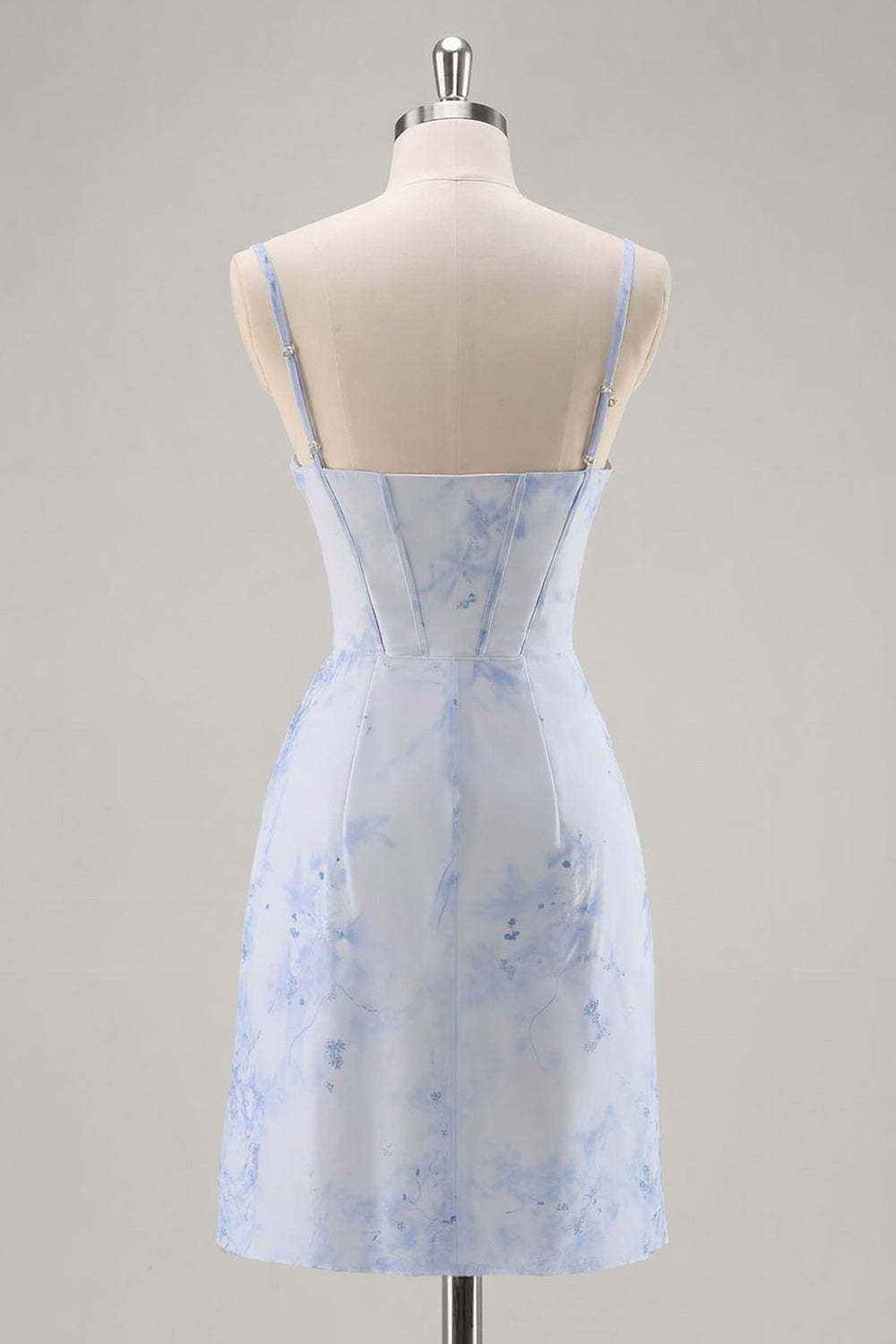Short Light Blue Floral Tight Ruched Corset Homecoming Dress