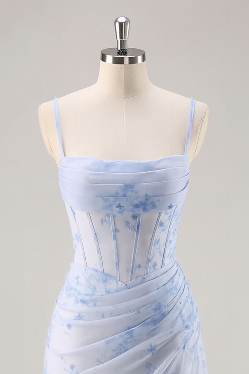 Short Light Blue Floral Tight Ruched Corset Homecoming Dress