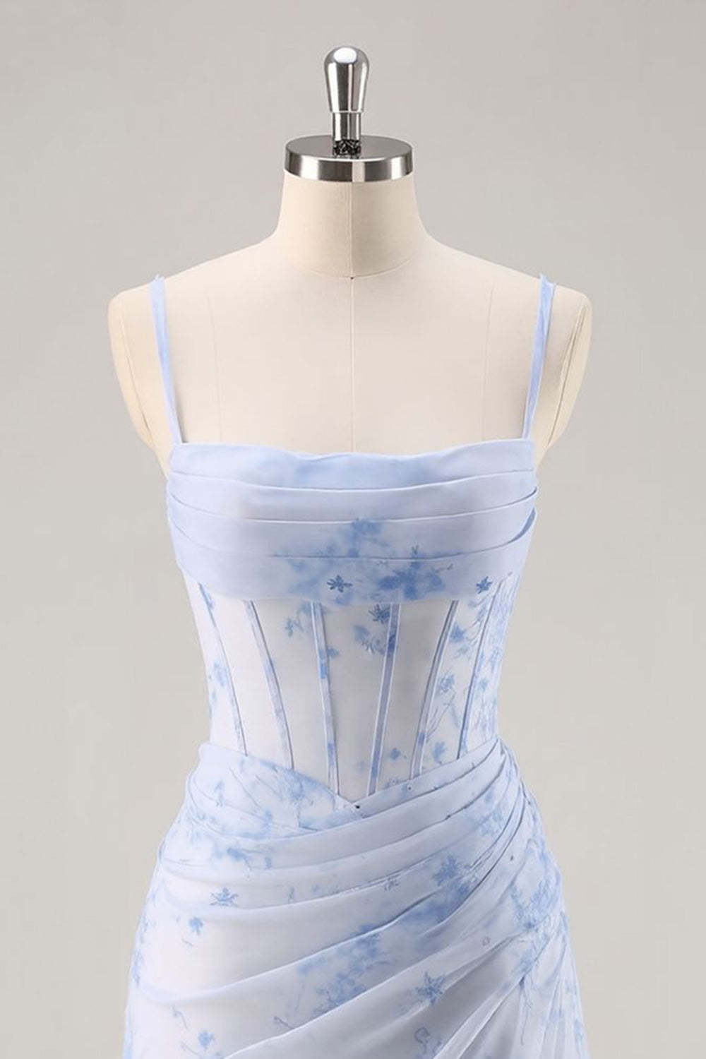Short Light Blue Floral Tight Ruched Corset Homecoming Dress