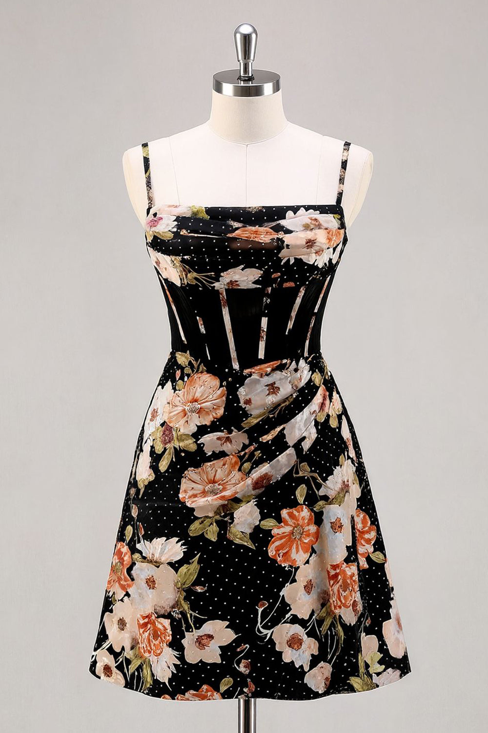 Leely Women Sparkly Black Floral Short Corset Homecoming Dress with Beading Ruched Chiffon A Line Spaghetti Straps Cocktail Dress