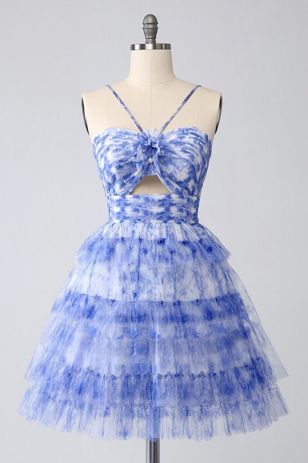 Leely Women Blue Floral Short Tiered Homecoming Dress with Ruffles Keyhole A Line Tulle Spaghetti Straps Cocktail Dress