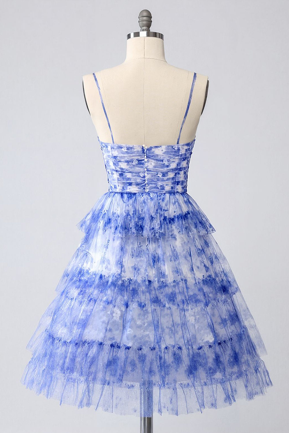 Blue Floral Tiered Keyhole A Line Short Homecoming Dress with Ruffles