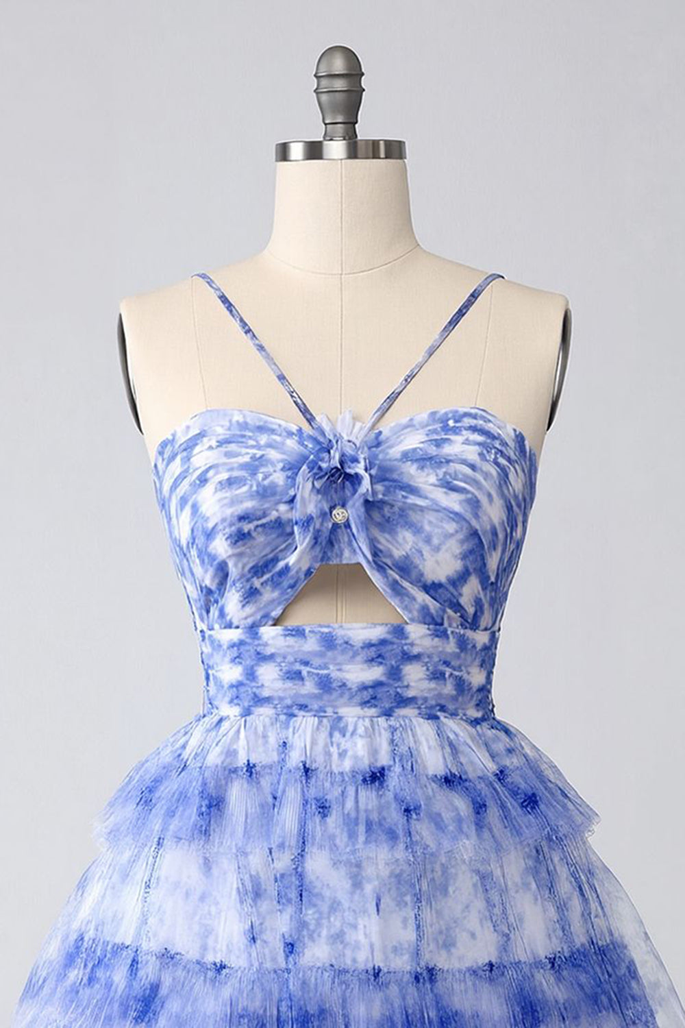Blue Floral Tiered Keyhole A Line Short Homecoming Dress with Ruffles