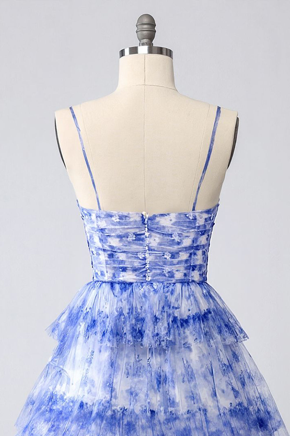 Blue Floral Tiered Keyhole A Line Short Homecoming Dress with Ruffles