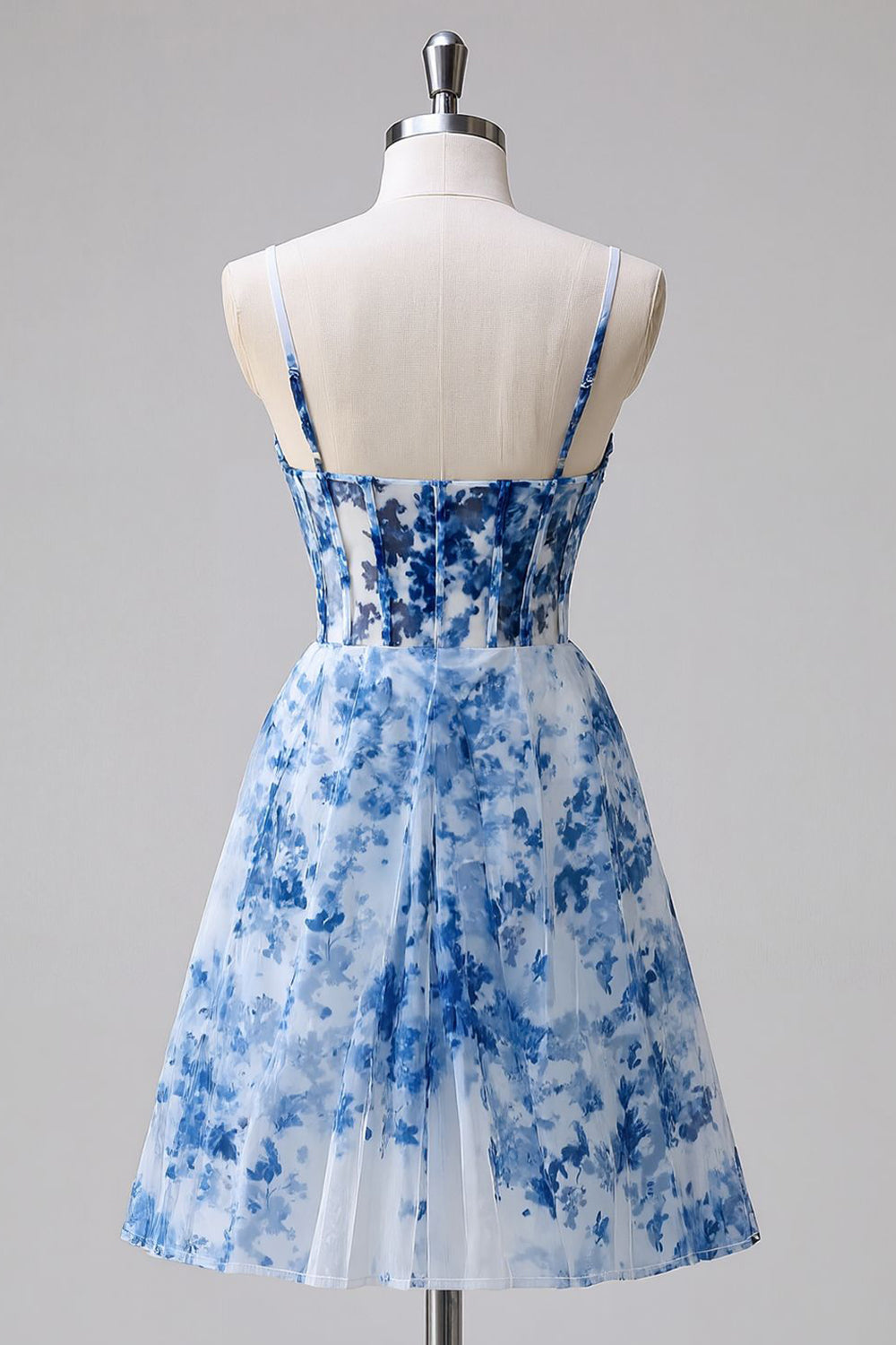 Short Blue Floral Tulle Ruched A Line Corset Homecoming Dress
