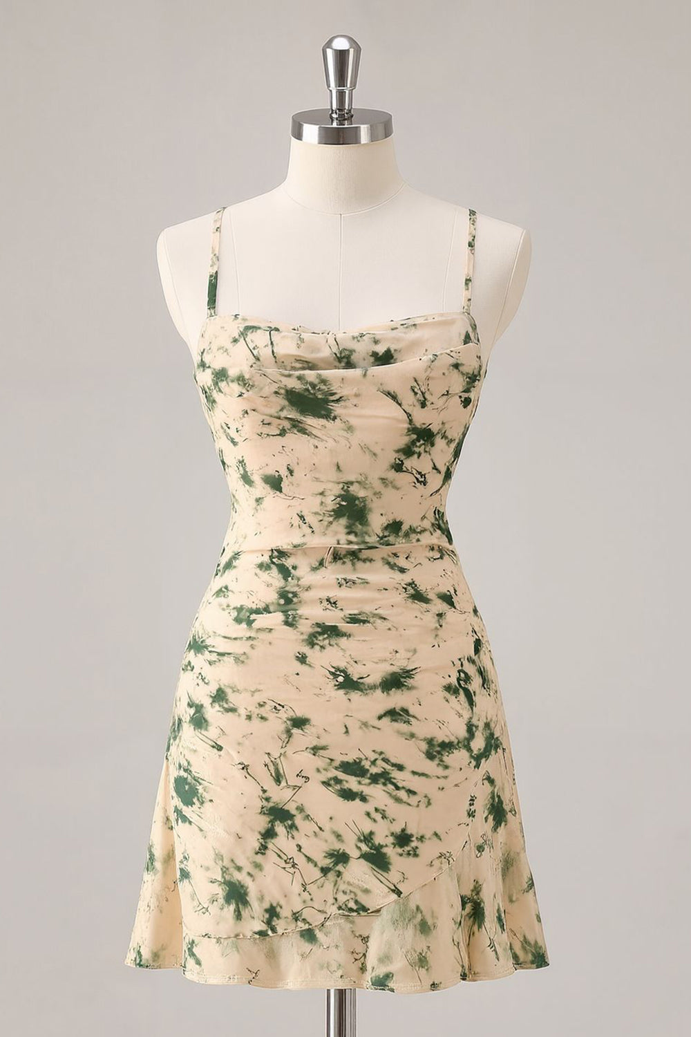 Champagne Floral Ruched Criss Cross Back Short Homecoming Dress with Ruffles