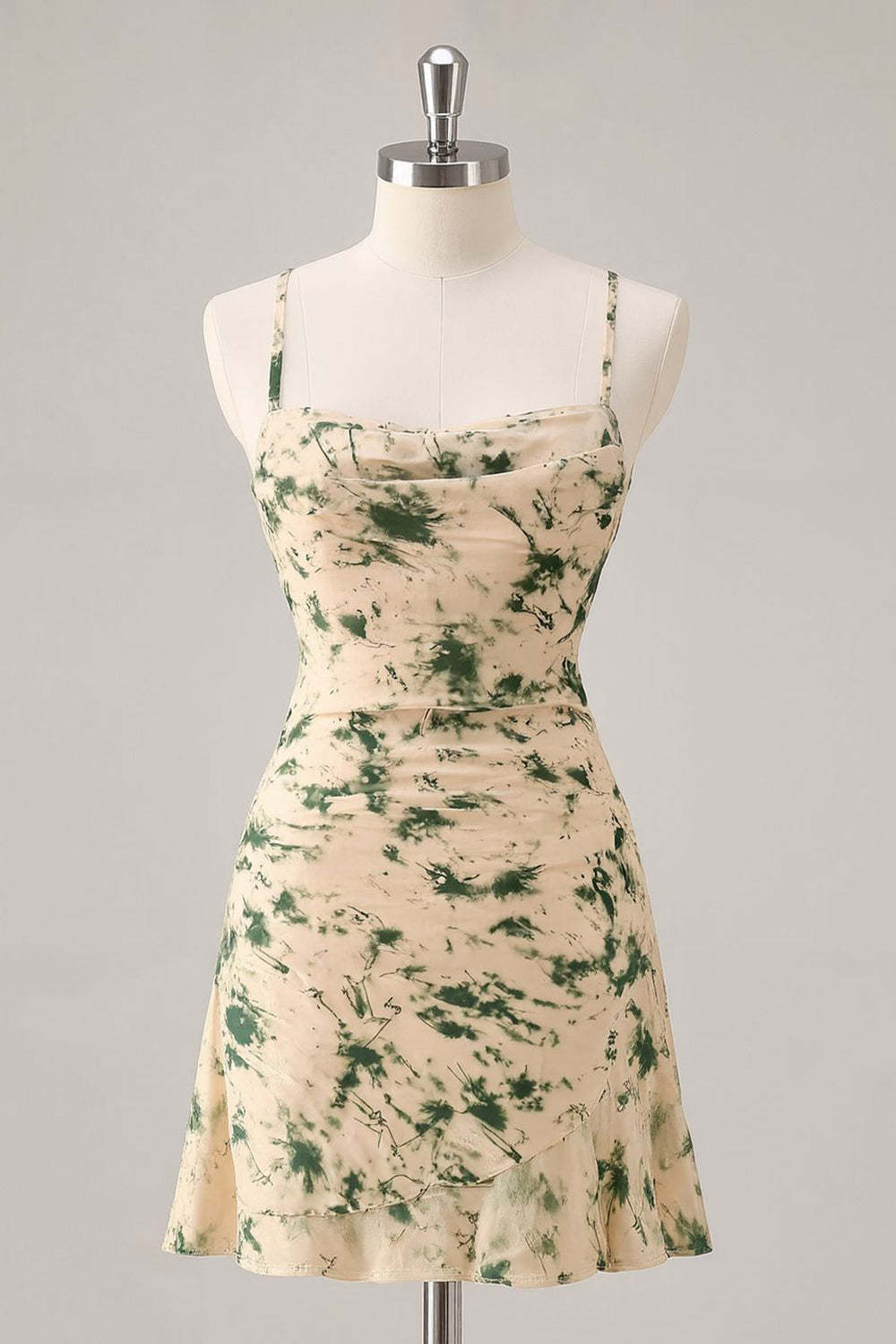 Leely Women Champagne Floral Short Homecoming Dress with Ruffles Chiffon Ruched A Line Spaghetti Straps Criss Cross Back Cocktail Dress