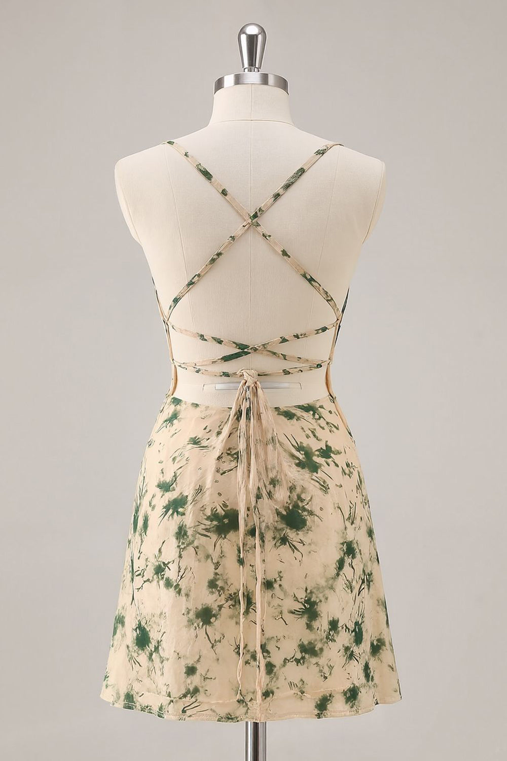 Champagne Floral Ruched Criss Cross Back Short Homecoming Dress with Ruffles