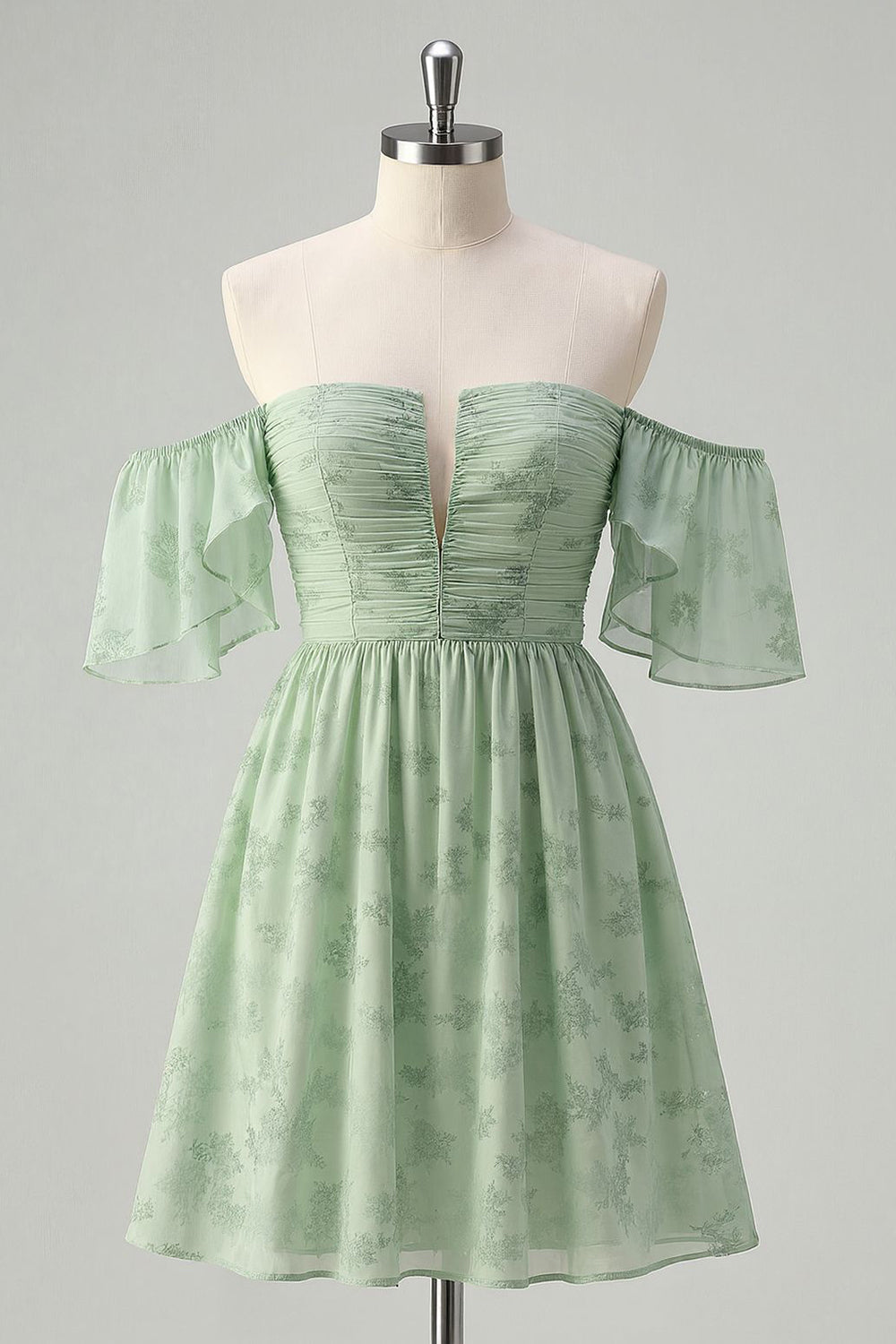 Sage Green Off the Shoulder Floral Short A Line Homecoming Dress with Ruffles