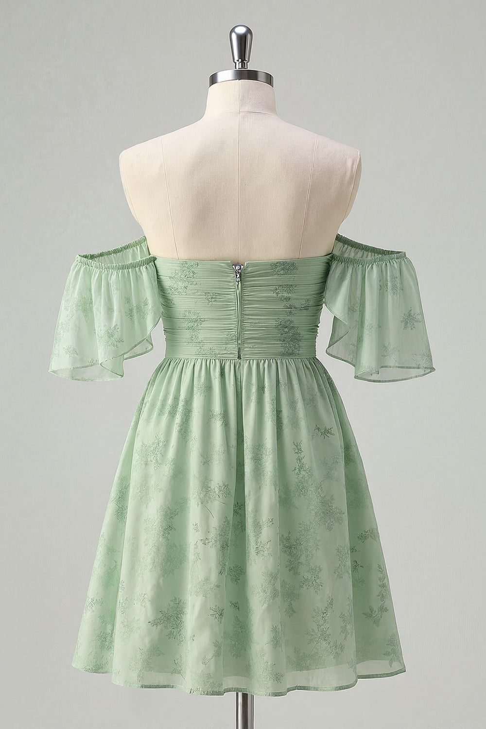 Sage Green Off the Shoulder Floral Short A Line Homecoming Dress with Ruffles