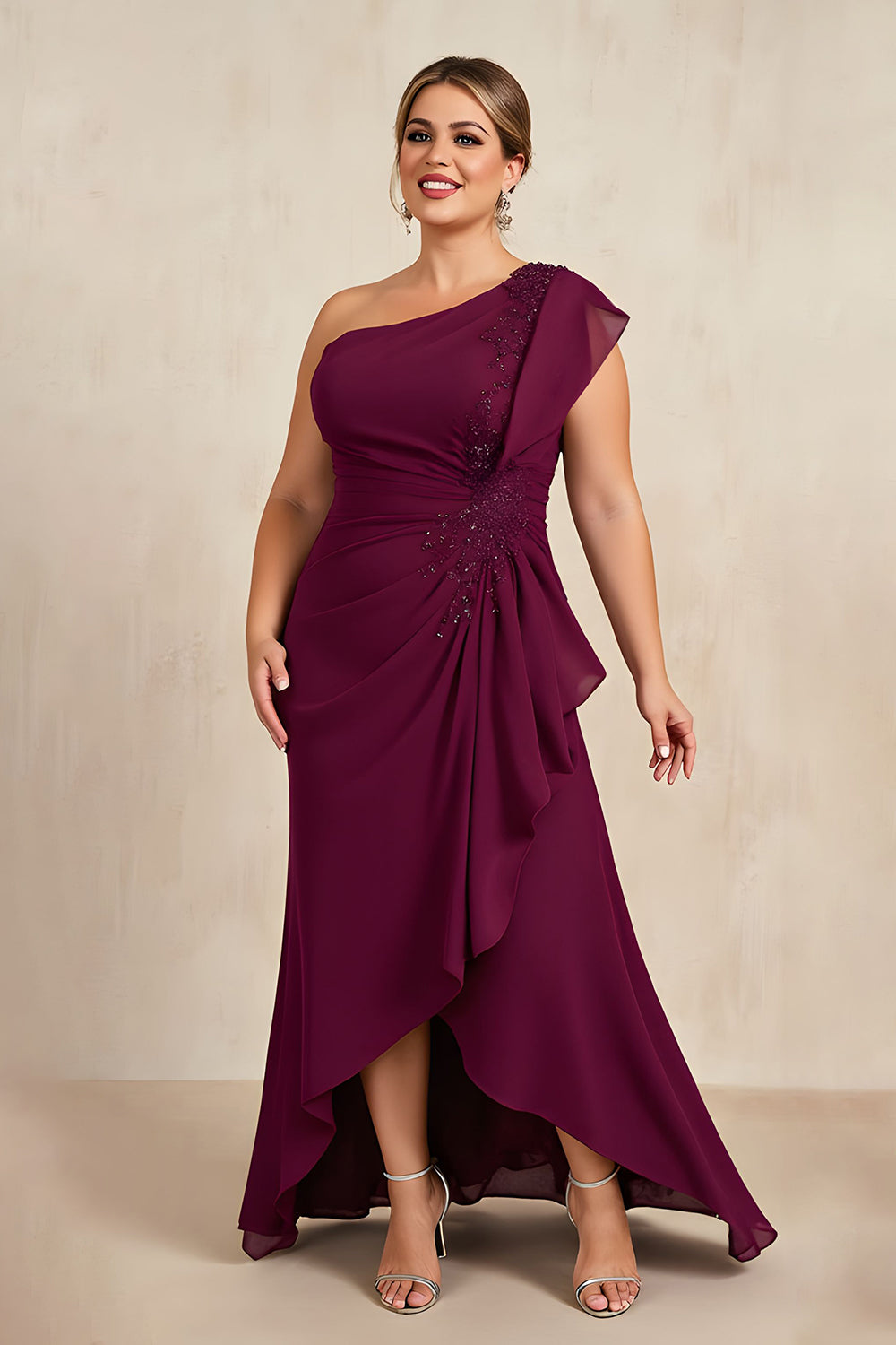 Burgundy Beaded Ruched Sheath High Low Mother Of the Bride Dress with Ruffles